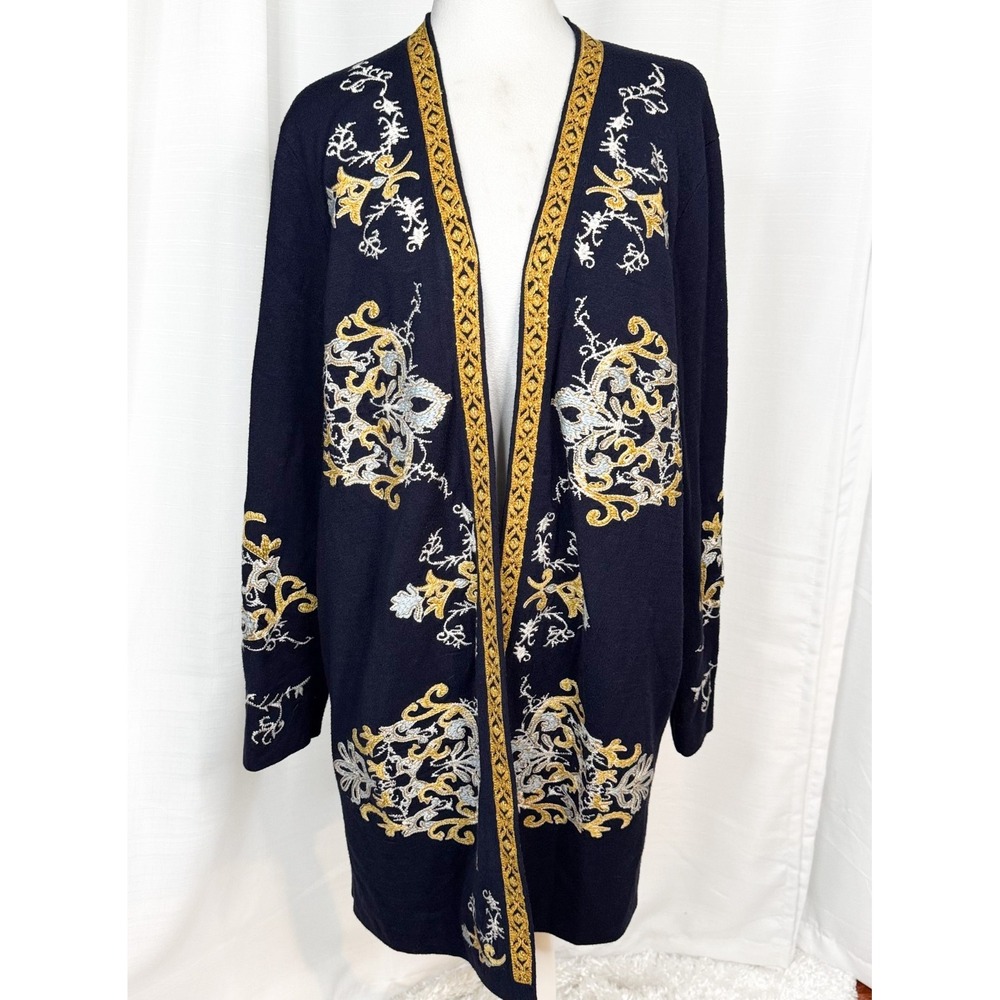 Chico's Size 3 XL Kimono Cardigan Sweater Navy Embroidered Gold Long Heavyweight